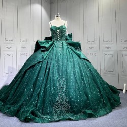 Mumuleo Emerald Green Floor-Length Ball Gown Quinceanera Dress with Chapel Train Modern Satin Lace Print 2026