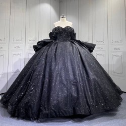 Mumuleo Black Quinceanera Ball Gown Floor-Length Modern Satin Chapel Train Lace Natural Waist Dress 2026