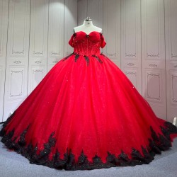 Mumuleo Red with Black Candy Color Quinceanera Ball Gown Floor-Length Satin Dress 2026 Detachable Train