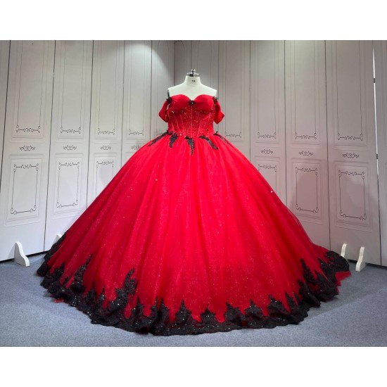 Mumuleo Red with Black Candy Color Quinceanera Ball Gown Floor-Length Satin Dress 2026 Detachable Train