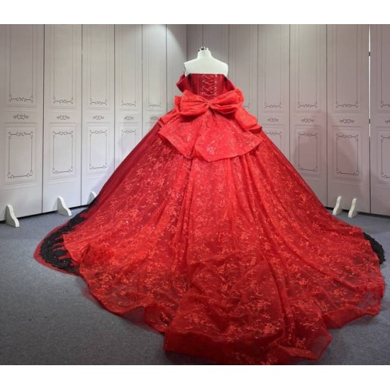Mumuleo Red with Black Candy Color Quinceanera Ball Gown Floor-Length Satin Dress 2026 Detachable Train