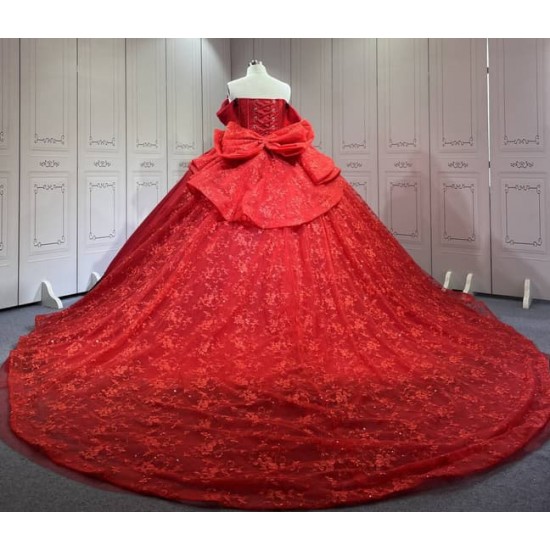 Mumuleo Red with Black Candy Color Quinceanera Ball Gown Floor-Length Satin Dress 2026 Detachable Train