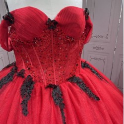 Mumuleo Red with Black Candy Color Quinceanera Ball Gown Floor-Length Satin Dress 2026 Detachable Train