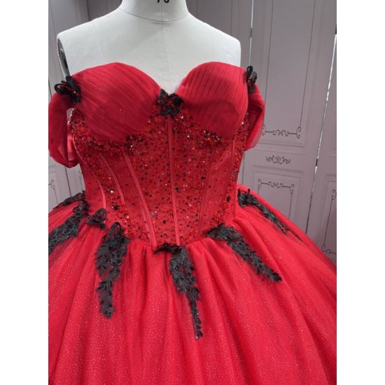 Mumuleo Red with Black Candy Color Quinceanera Ball Gown Floor-Length Satin Dress 2026 Detachable Train