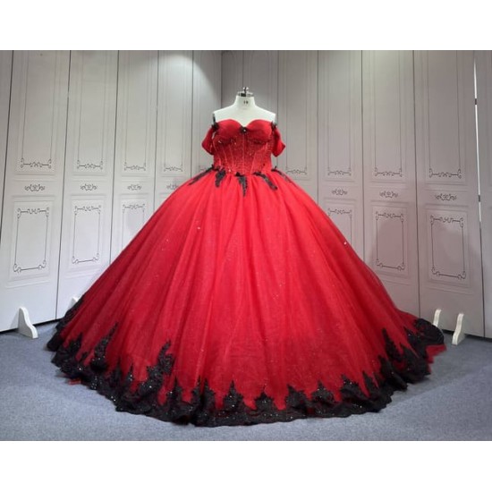 Mumuleo Red with Black Candy Color Quinceanera Ball Gown Floor-Length Satin Dress 2026 Detachable Train