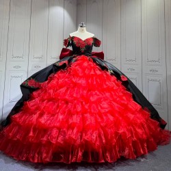 Mumuleo Modern Ball Gown Floor-Length Chapel Train Satin Print Knitted Black and Red Mexican Quinceanera Dress 2026