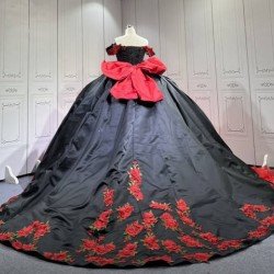 Mumuleo Modern Ball Gown Floor-Length Chapel Train Satin Print Knitted Black and Red Mexican Quinceanera Dress 2026