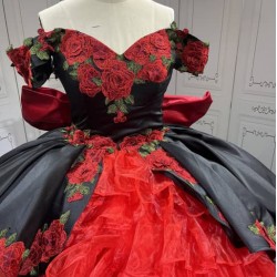 Mumuleo Modern Ball Gown Floor-Length Chapel Train Satin Print Knitted Black and Red Mexican Quinceanera Dress 2026