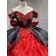 Mumuleo Modern Ball Gown Floor-Length Chapel Train Satin Print Knitted Black and Red Mexican Quinceanera Dress 2026