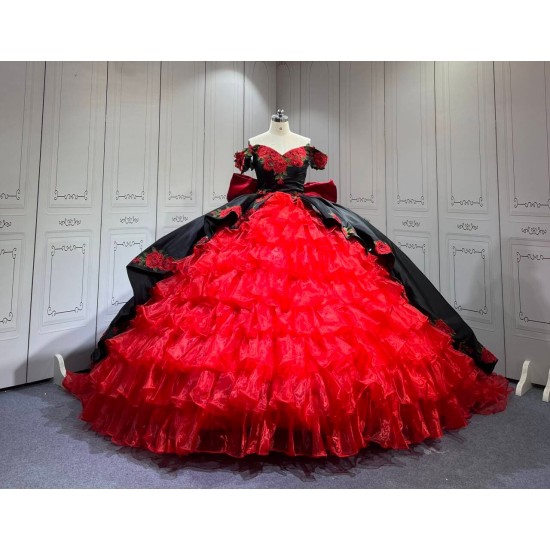 Mumuleo Modern Ball Gown Floor-Length Chapel Train Satin Print Knitted Black and Red Mexican Quinceanera Dress 2026