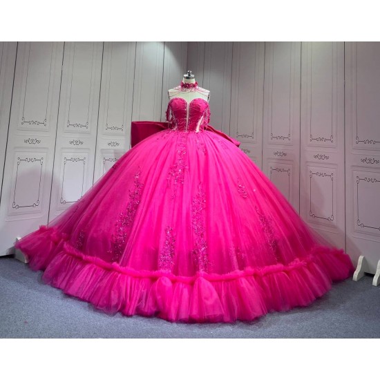 Mumuleo Fuchsia Quinceanera Ball Gown Dress Sweetheart Neckline Off-The-Shoulder Sleeves Appliqued Vestidos De Fiesta