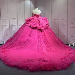 Mumuleo Fuchsia Quinceanera Ball Gown Dress Sweetheart Neckline Off-The-Shoulder Sleeves Appliqued Vestidos De Fiesta