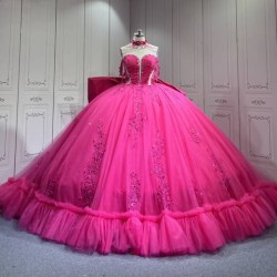 Mumuleo Fuchsia Quinceanera Ball Gown Dress Sweetheart Neckline Off-The-Shoulder Sleeves Appliqued Vestidos De Fiesta