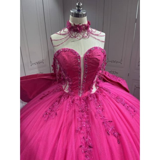 Mumuleo Fuchsia Quinceanera Ball Gown Dress Sweetheart Neckline Off-The-Shoulder Sleeves Appliqued Vestidos De Fiesta