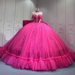Mumuleo Fuchsia Quinceanera Ball Gown Dress Sweetheart Neckline Off-The-Shoulder Sleeves Appliqued Vestidos De Fiesta