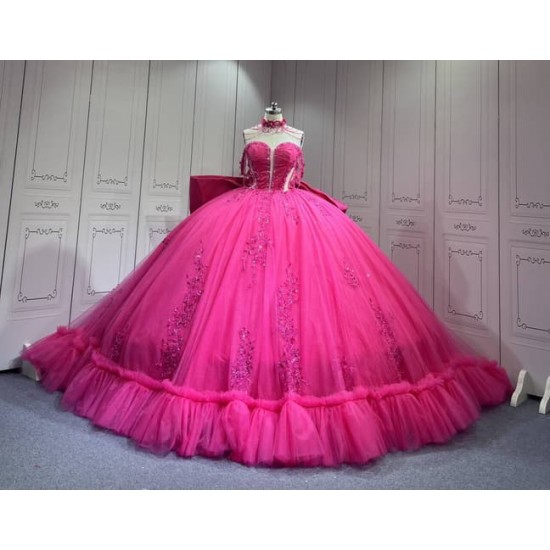 Mumuleo Fuchsia Quinceanera Ball Gown Dress Sweetheart Neckline Off-The-Shoulder Sleeves Appliqued Vestidos De Fiesta