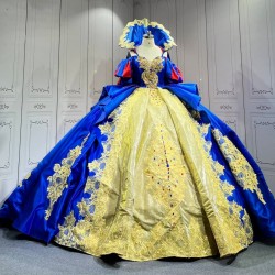 Mumuleo Snow White Inspired Quinceanera Ball Gown Floor-Length Chapel Train Modern Satin Print Lace Dress 2026