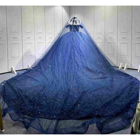 Mumuleo Navy Blue Sweetheart Floor-Length Ball Gown Quinceanera Dress with Cape Royal Train 2026