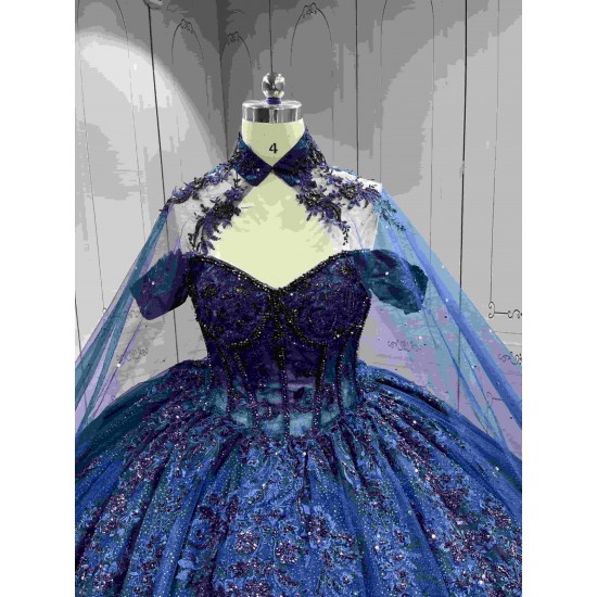 Mumuleo Navy Blue Sweetheart Floor-Length Ball Gown Quinceanera Dress with Cape Royal Train 2026