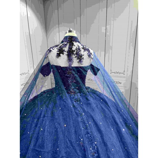 Mumuleo Navy Blue Sweetheart Floor-Length Ball Gown Quinceanera Dress with Cape Royal Train 2026