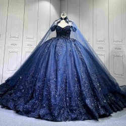 Mumuleo Navy Blue Sweetheart Floor-Length Ball Gown Quinceanera Dress with Cape Royal Train 2026