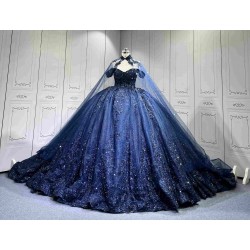 Mumuleo Navy Blue Sweetheart Floor-Length Ball Gown Quinceanera Dress with Cape Royal Train 2026