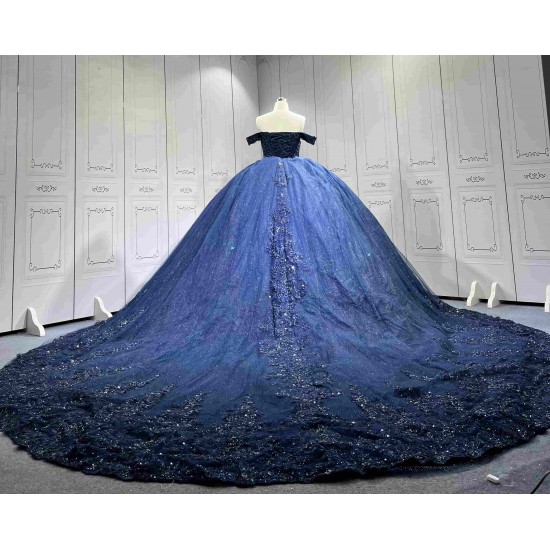 Mumuleo Navy Blue Sweetheart Floor-Length Ball Gown Quinceanera Dress with Cape Royal Train 2026