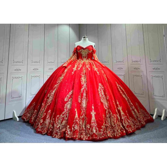 Mumuleo Red Gold Ball Gown Floor-Length Chapel Train Modern Satin Lace Print Natural Waist Teenagers Quinceanera Built-in Bra
