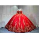 Mumuleo Red Gold Ball Gown Floor-Length Chapel Train Modern Satin Lace Print Natural Waist Teenagers Quinceanera Built-in Bra