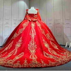 Mumuleo Red Gold Ball Gown Floor-Length Chapel Train Modern Satin Lace Print Natural Waist Teenagers Quinceanera Built-in Bra