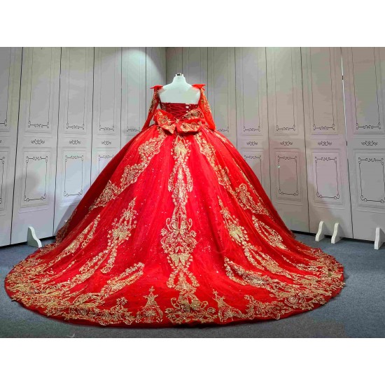 Mumuleo Red Gold Ball Gown Floor-Length Chapel Train Modern Satin Lace Print Natural Waist Teenagers Quinceanera Built-in Bra