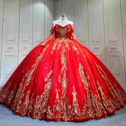 Mumuleo Red Gold Ball Gown Floor-Length Chapel Train Modern Satin Lace Print Natural Waist Teenagers Quinceanera Built-in Bra