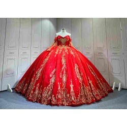 Mumuleo Red Gold Ball Gown Floor-Length Chapel Train Modern Satin Lace Print Natural Waist Teenagers Quinceanera Built-in Bra