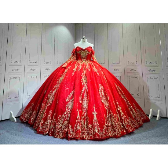 Mumuleo Red Gold Ball Gown Floor-Length Chapel Train Modern Satin Lace Print Natural Waist Teenagers Quinceanera Built-in Bra