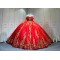 Mumuleo Red Gold Ball Gown Floor-Length Chapel Train Modern Satin Lace Print Natural Waist Teenagers Quinceanera Built-in Bra