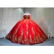 Mumuleo Red Gold Ball Gown Floor-Length Chapel Train Modern Satin Lace Print Natural Waist Teenagers Quinceanera Built-in Bra