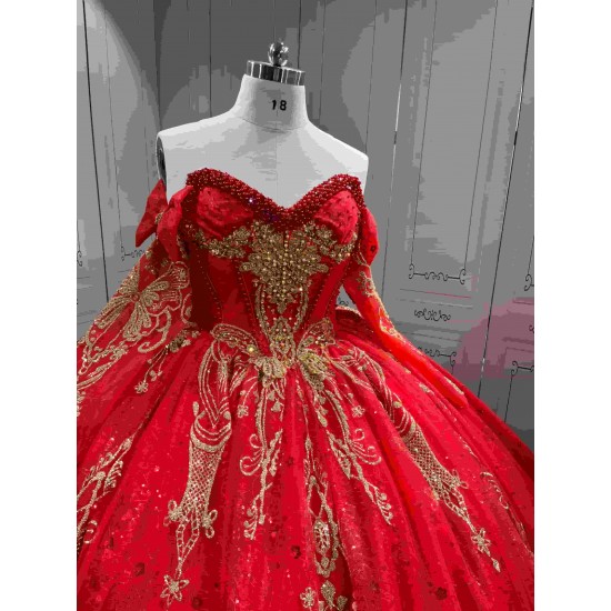 Mumuleo Red Gold Ball Gown Floor-Length Chapel Train Modern Satin Lace Print Natural Waist Teenagers Quinceanera Built-in Bra