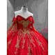Mumuleo Red Gold Ball Gown Floor-Length Chapel Train Modern Satin Lace Print Natural Waist Teenagers Quinceanera Built-in Bra