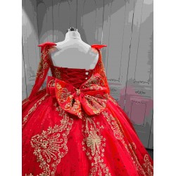 Mumuleo Red Gold Ball Gown Floor-Length Chapel Train Modern Satin Lace Print Natural Waist Teenagers Quinceanera Built-in Bra
