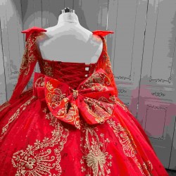 Mumuleo Red Gold Ball Gown Floor-Length Chapel Train Modern Satin Lace Print Natural Waist Teenagers Quinceanera Built-in Bra