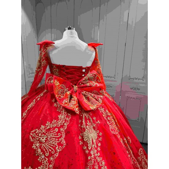 Mumuleo Red Gold Ball Gown Floor-Length Chapel Train Modern Satin Lace Print Natural Waist Teenagers Quinceanera Built-in Bra