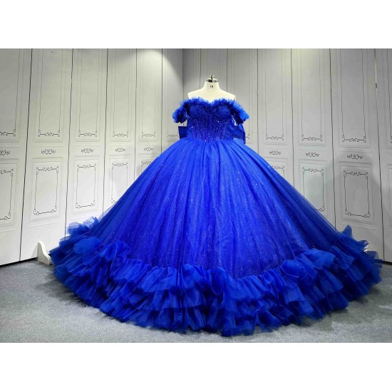 Mumuleo Royal Blue Quinceanera Dress 2026 Ball Gown Floor-Length Lace Sweetheart Neckline Chapel Train