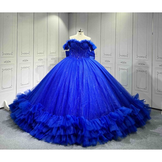 Mumuleo Royal Blue Quinceanera Dress 2026 Ball Gown Floor-Length Lace Sweetheart Neckline Chapel Train