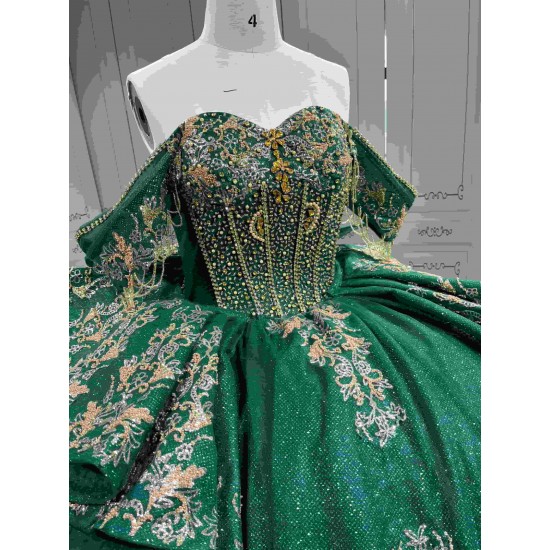 Mumuleo Emerald Green Ball Gown Floor-Length Modern Chapel Train Lace Satin Print Knitted Quinceanera for Teenagers Party 2026