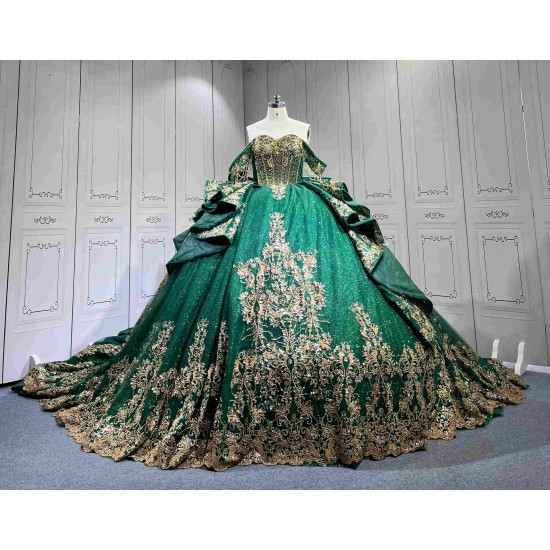 Mumuleo Emerald Green Ball Gown Floor-Length Modern Chapel Train Lace Satin Print Knitted Quinceanera for Teenagers Party 2026