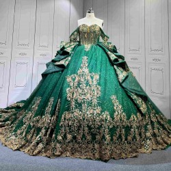 Mumuleo Emerald Green Ball Gown Floor-Length Modern Chapel Train Lace Satin Print Knitted Quinceanera for Teenagers Party 2026