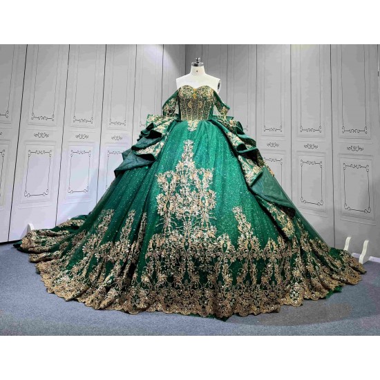 Mumuleo Emerald Green Ball Gown Floor-Length Modern Chapel Train Lace Satin Print Knitted Quinceanera for Teenagers Party 2026