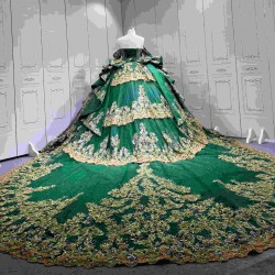 Mumuleo Emerald Green Ball Gown Floor-Length Modern Chapel Train Lace Satin Print Knitted Quinceanera for Teenagers Party 2026