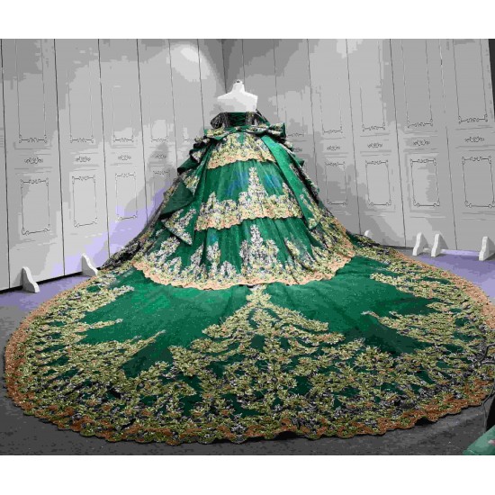 Mumuleo Emerald Green Ball Gown Floor-Length Modern Chapel Train Lace Satin Print Knitted Quinceanera for Teenagers Party 2026