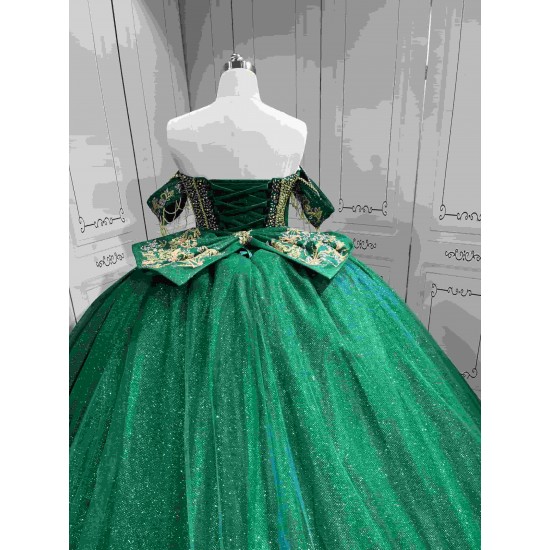 Mumuleo Emerald Green Ball Gown Floor-Length Modern Chapel Train Lace Satin Print Knitted Quinceanera for Teenagers Party 2026